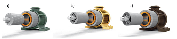 Silniki elektryczne: a – indukcyjny klatkowy, b – PM z magnesami trwałymi, c – synchroniczny reluktancyjny