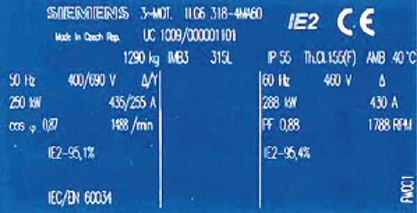 Tabliczka znamionowa silnika z podaną klasą energooszczędności IE2 i oznakowana CE