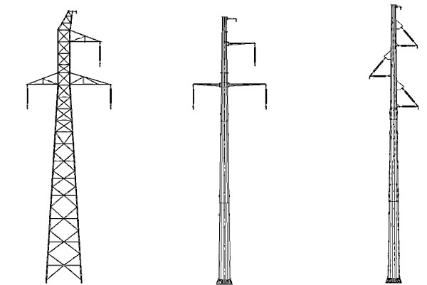 Rys. 2. Sylwetki słupów przelotowych jednotorowych przyjętych do analizy; a – kratowy typu EB24, b – pełnościenny typu Src , c – pełnościenny ze zmodyfikowanym układem izolacyjnym typu SPPI