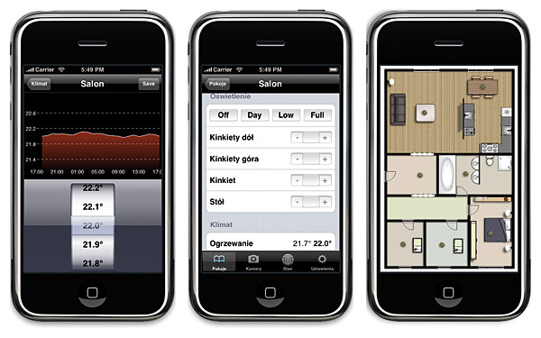 Rys. 1. Aplikacja Domiq/Remote dedykowana dla systemu LCN umożliwia kontrolę instalacji za pomocą iPoda Touch lub iPhone’a. u góry od lewej: ekran sterowania ogrzewaniem, ekran aplikacji działających w salonie, poniżej wizualizacja planu pokoju